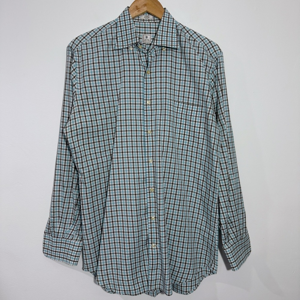 Peter Millar Men's Blue White Brown‎ Plaid Long Sleeve Button Shirt Med Preppy